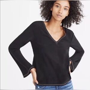 Madewell Top Blouse Black Silk Stitched Tie-back Cutout Long Sleeve Medium M